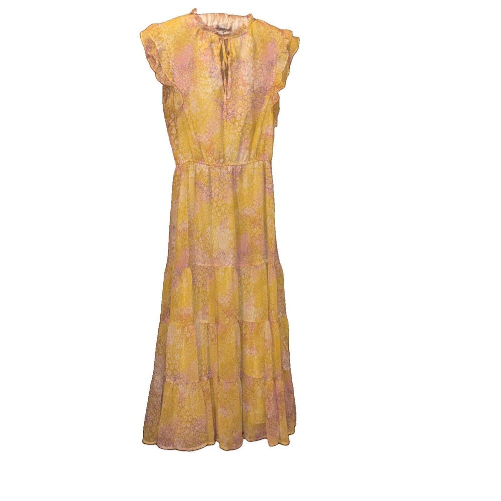 Women’s BB Dakota Steve Madden Yellow Floral Chiffon V-Neck Tiered Maxi Dress XS